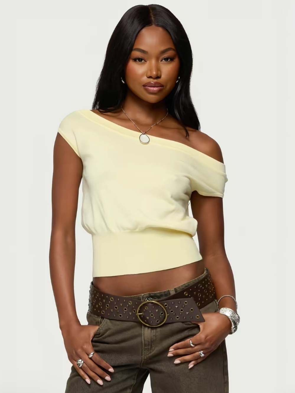 Edikted Pale Yellow Crop Boatneck Knit Top
